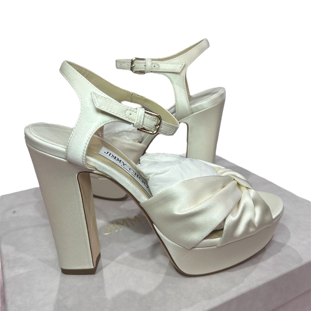 JIMMY CHOO Heloise Satin Ankle Strap Platform Heels Size 37.5 IVORY NEW W. BOX!